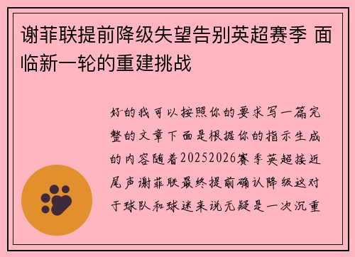 谢菲联提前降级失望告别英超赛季 面临新一轮的重建挑战